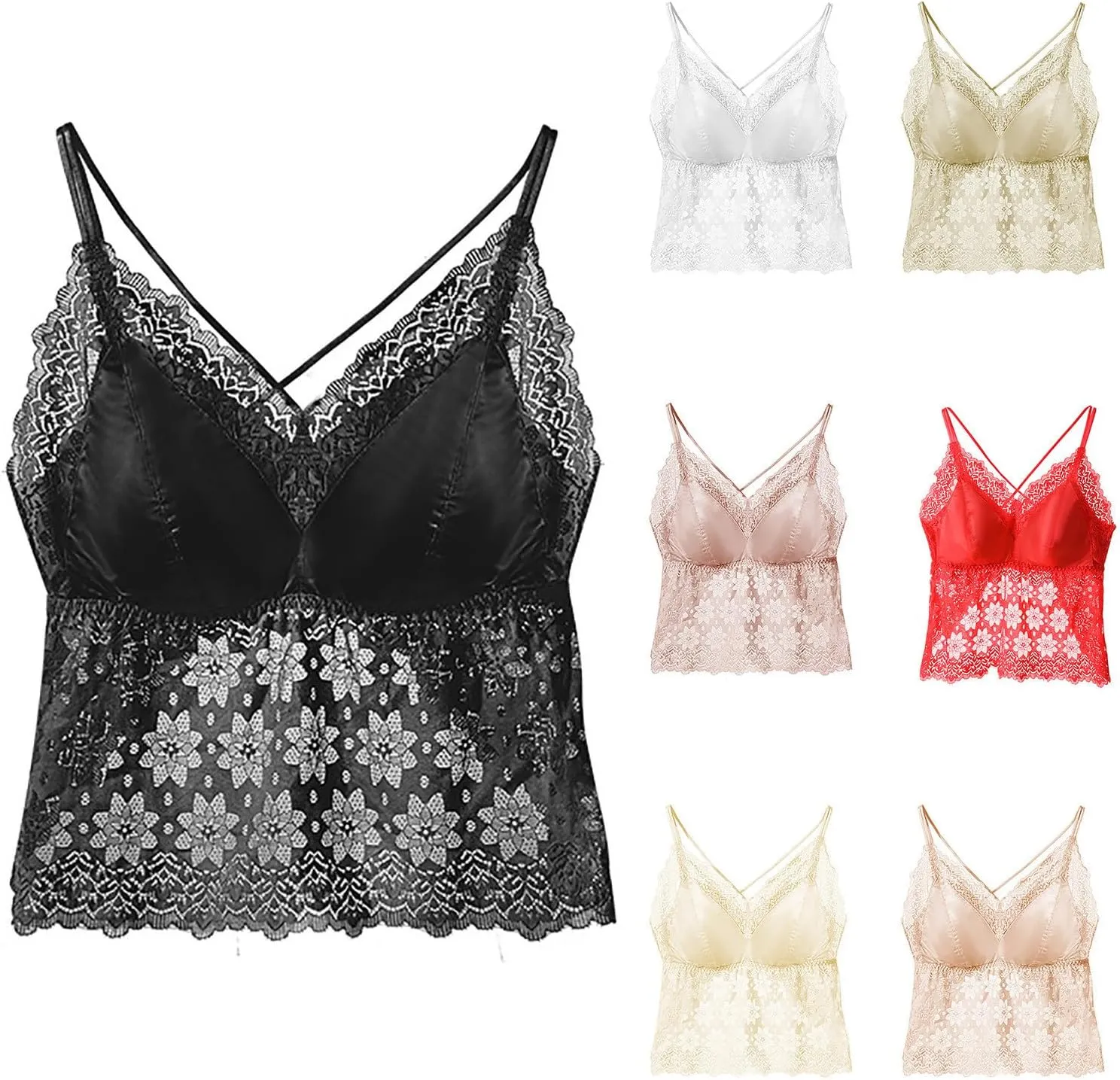 HGps8w Sexy Lace Camisole for Women with Detachable Built in Bra V Neck Spaghetti Strap Wireless Bralette Crop Tank Tops