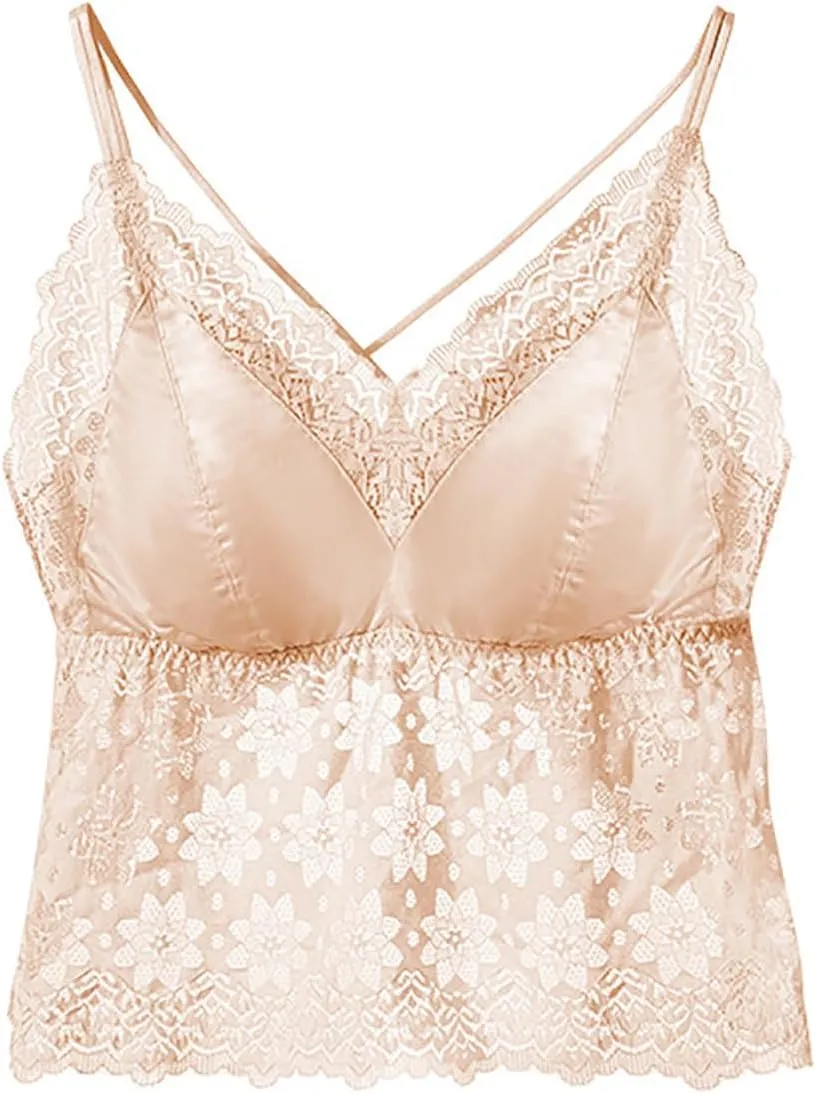 HGps8w Sexy Lace Camisole for Women with Detachable Built in Bra V Neck Spaghetti Strap Wireless Bralette Crop Tank Tops