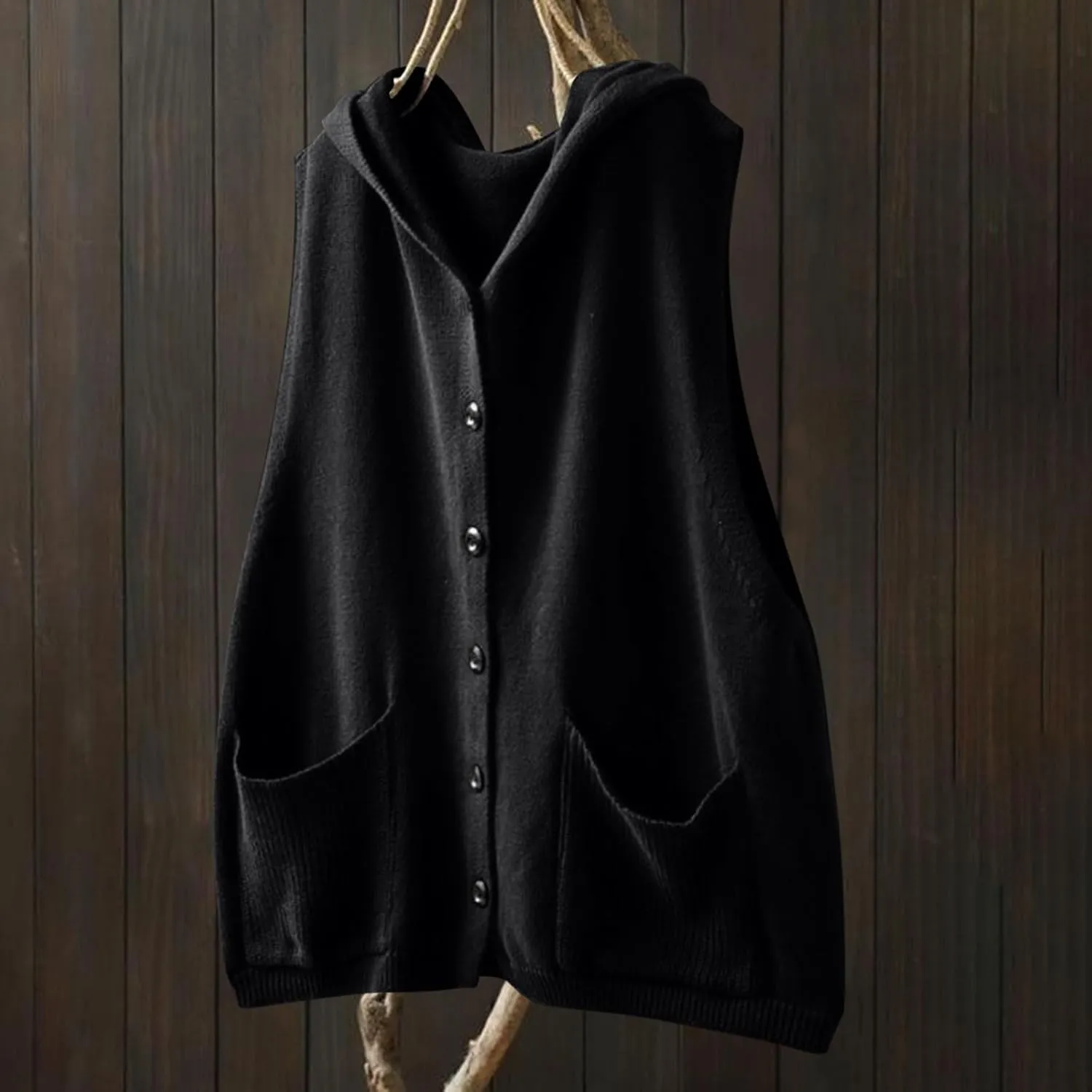 HGps8w Sweater Vest for Women Oversized Button Down Casual Knitted Hoodies Sleeveless Loose Cardigans with Pockets