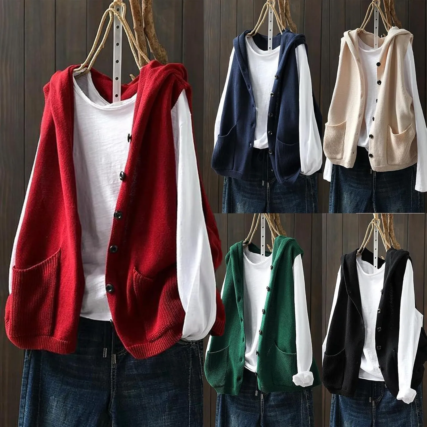 HGps8w Sweater Vest for Women Oversized Button Down Casual Knitted Hoodies Sleeveless Loose Cardigans with Pockets