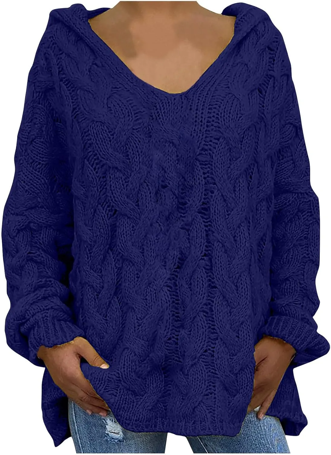 HGps8w Women's Oversized V Neck Hoodie Sweater Tops Chunky Cable Knit Long Sleeve Loose Solid Color Pullovers