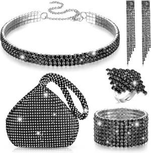 Hicarer 5 Pcs Women Crystal Jewelry Set Wedding Triangle Bling Evening Clutch Bag Glitter Rhinestone Stretch Choker Necklace Bracelet Ring Dangle Fringe Earrings for Bride and Bridesmaids