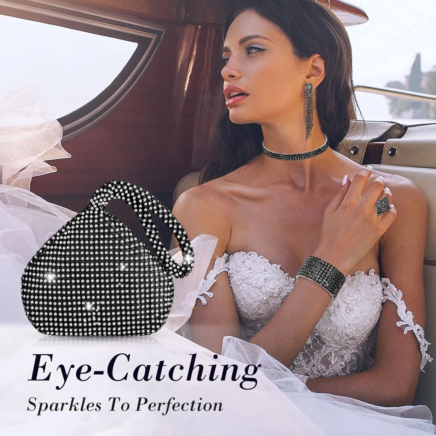 Hicarer 5 Pcs Women Crystal Jewelry Set Wedding Triangle Bling Evening Clutch Bag Glitter Rhinestone Stretch Choker Necklace Bracelet Ring Dangle Fringe Earrings for Bride and Bridesmaids