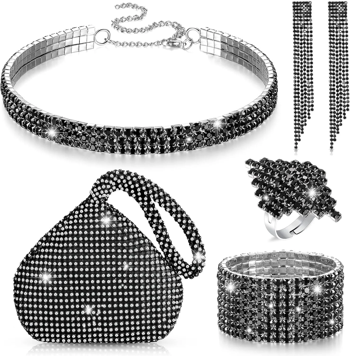Hicarer 5 Pcs Women Crystal Jewelry Set Wedding Triangle Bling Evening Clutch Bag Glitter Rhinestone Stretch Choker Necklace Bracelet Ring Dangle Fringe Earrings for Bride and Bridesmaids