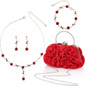 Hicarer 5 Pcs Women Rose Clutch Purse Rose Jewelry Set Evening Handbag Gold Necklace Earrings Bracelet for Wedding Gifts