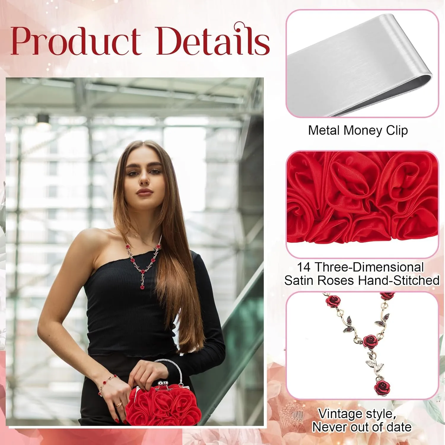 Hicarer 5 Pcs Women Rose Clutch Purse Rose Jewelry Set Evening Handbag Gold Necklace Earrings Bracelet for Wedding Gifts