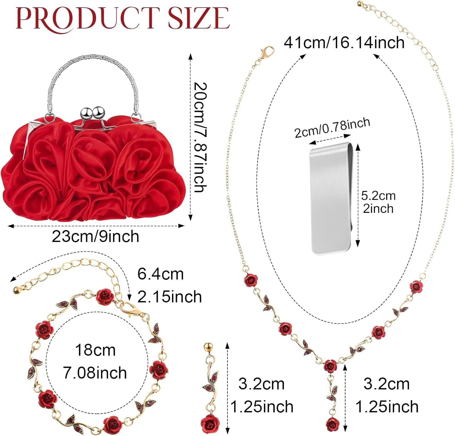 Hicarer 5 Pcs Women Rose Clutch Purse Rose Jewelry Set Evening Handbag Gold Necklace Earrings Bracelet for Wedding Gifts