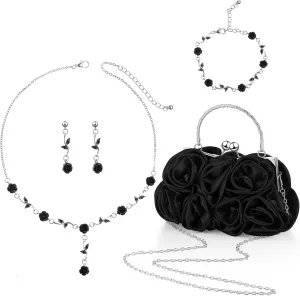 Hicarer 5 Pcs Women Rose Clutch Purse Rose Jewelry Set Evening Handbag Gold Necklace Earrings Bracelet for Wedding Gifts