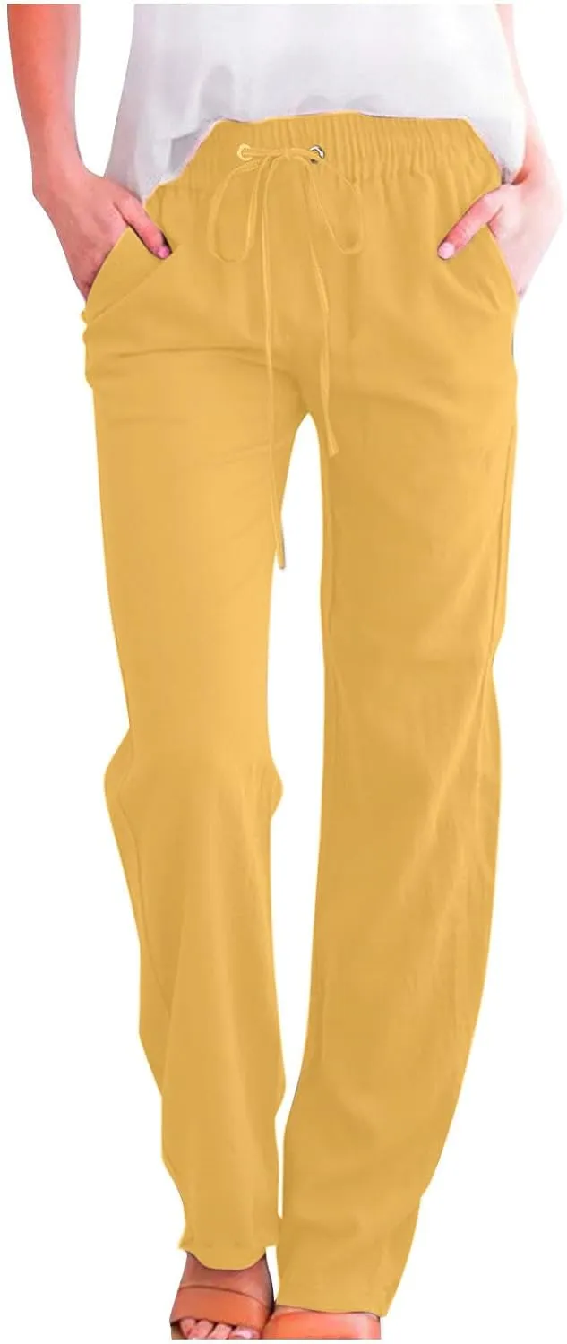 High Waist Linen Pants Women Casual Summer Drawstring Lightweight Relax Fit Straight Leg Lounge Trouser with Pockets