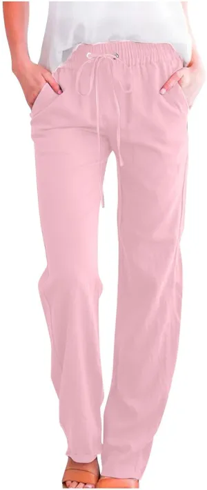 High Waist Linen Pants Women Casual Summer Drawstring Lightweight Relax Fit Straight Leg Lounge Trouser with Pockets