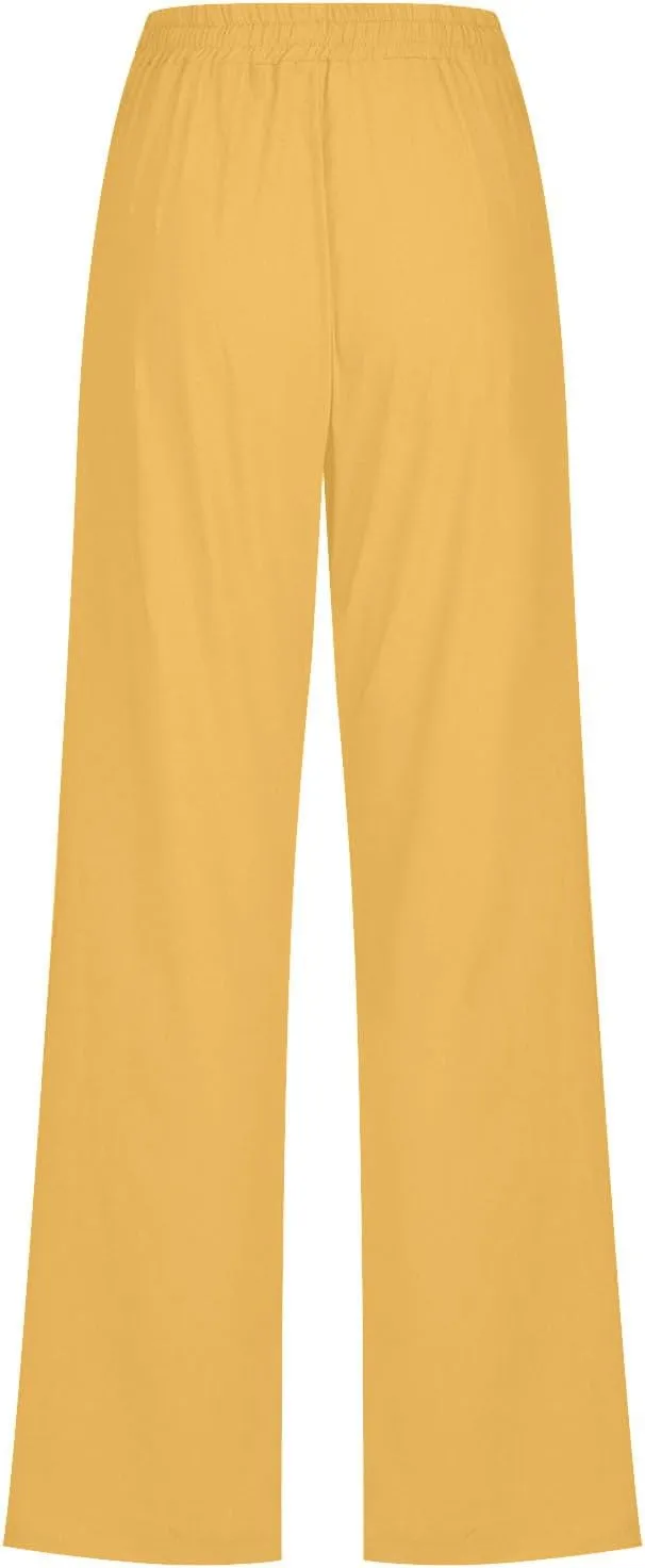 High Waist Linen Pants Women Casual Summer Drawstring Lightweight Relax Fit Straight Leg Lounge Trouser with Pockets