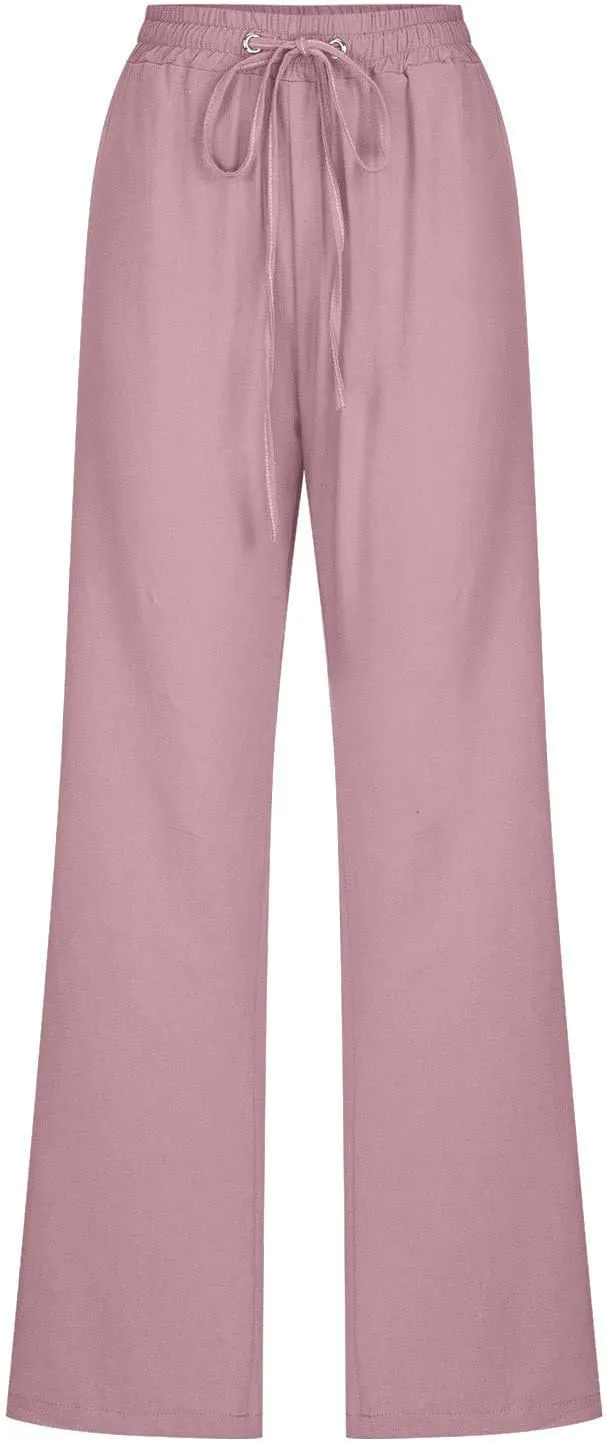 High Waist Linen Pants Women Casual Summer Drawstring Lightweight Relax Fit Straight Leg Lounge Trouser with Pockets