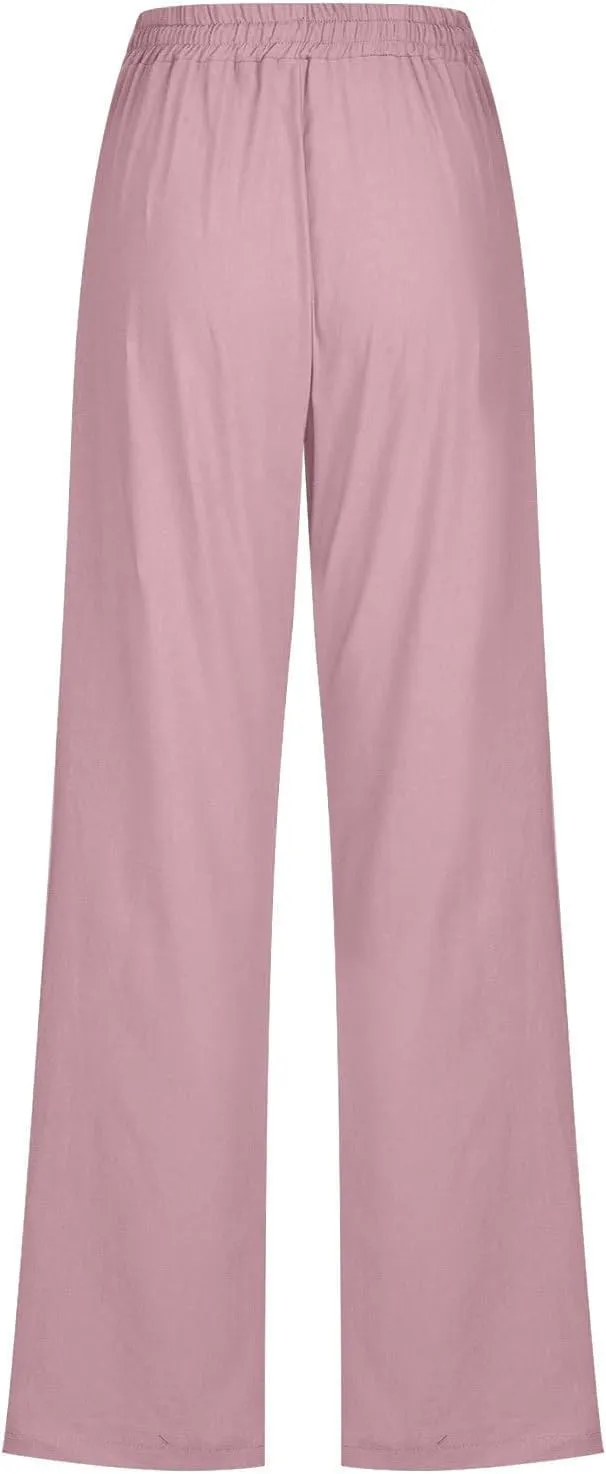 High Waist Linen Pants Women Casual Summer Drawstring Lightweight Relax Fit Straight Leg Lounge Trouser with Pockets