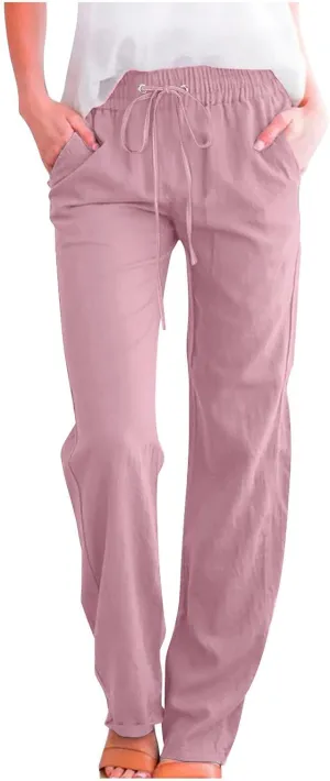 High Waist Linen Pants Women Casual Summer Drawstring Lightweight Relax Fit Straight Leg Lounge Trouser with Pockets
