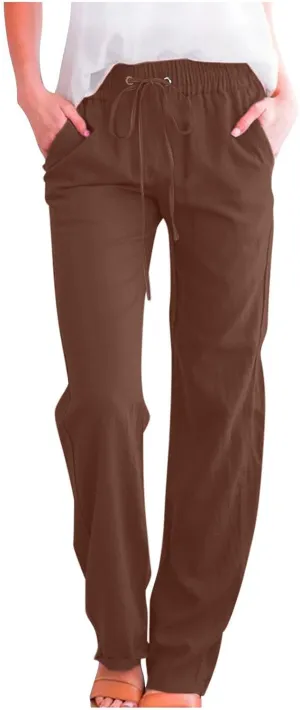 High Waist Linen Pants Women Casual Summer Drawstring Lightweight Relax Fit Straight Leg Lounge Trouser with Pockets