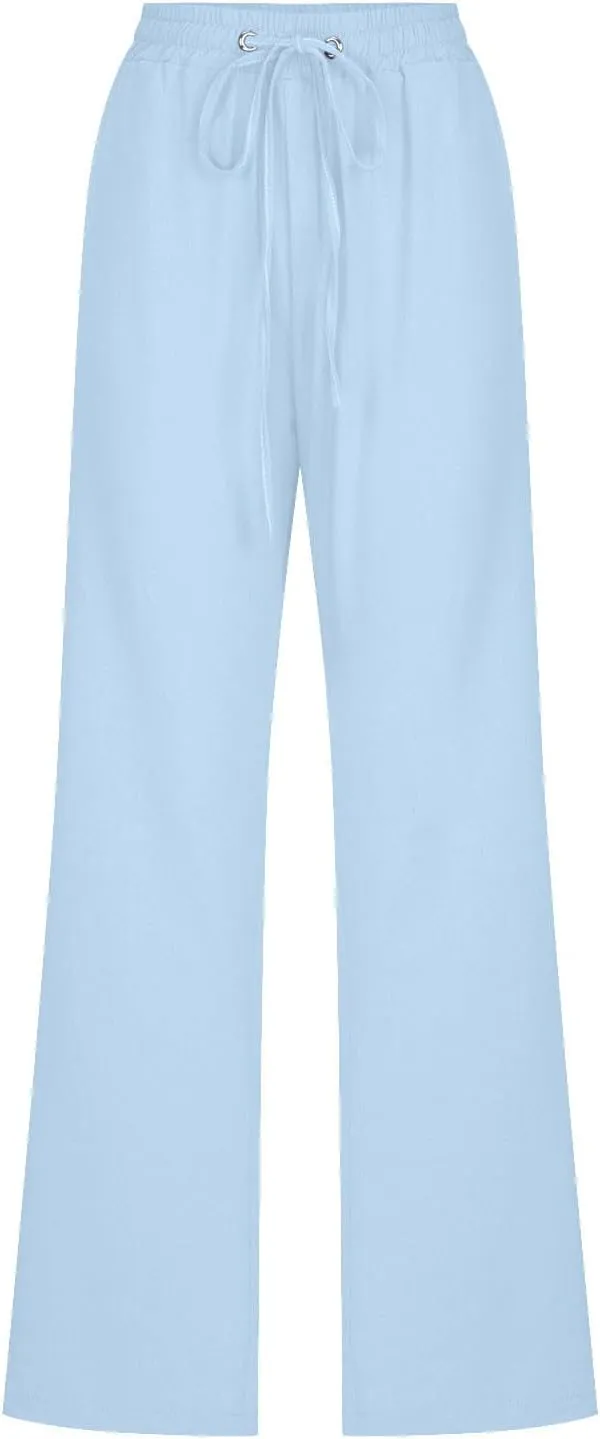 High Waist Linen Pants Women Casual Summer Drawstring Lightweight Relax Fit Straight Leg Lounge Trouser with Pockets