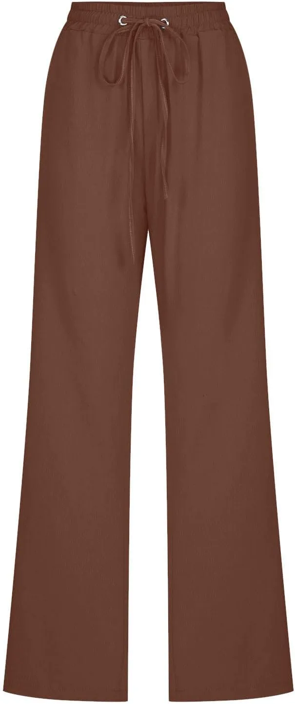 High Waist Linen Pants Women Casual Summer Drawstring Lightweight Relax Fit Straight Leg Lounge Trouser with Pockets