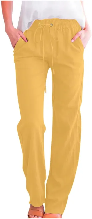 High Waist Linen Pants Women Casual Summer Drawstring Lightweight Relax Fit Straight Leg Lounge Trouser with Pockets