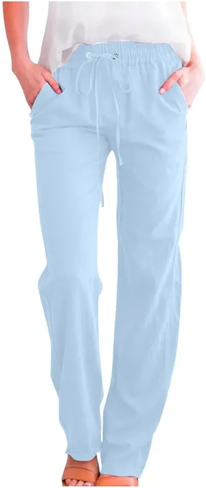 High Waist Linen Pants Women Casual Summer Drawstring Lightweight Relax Fit Straight Leg Lounge Trouser with Pockets