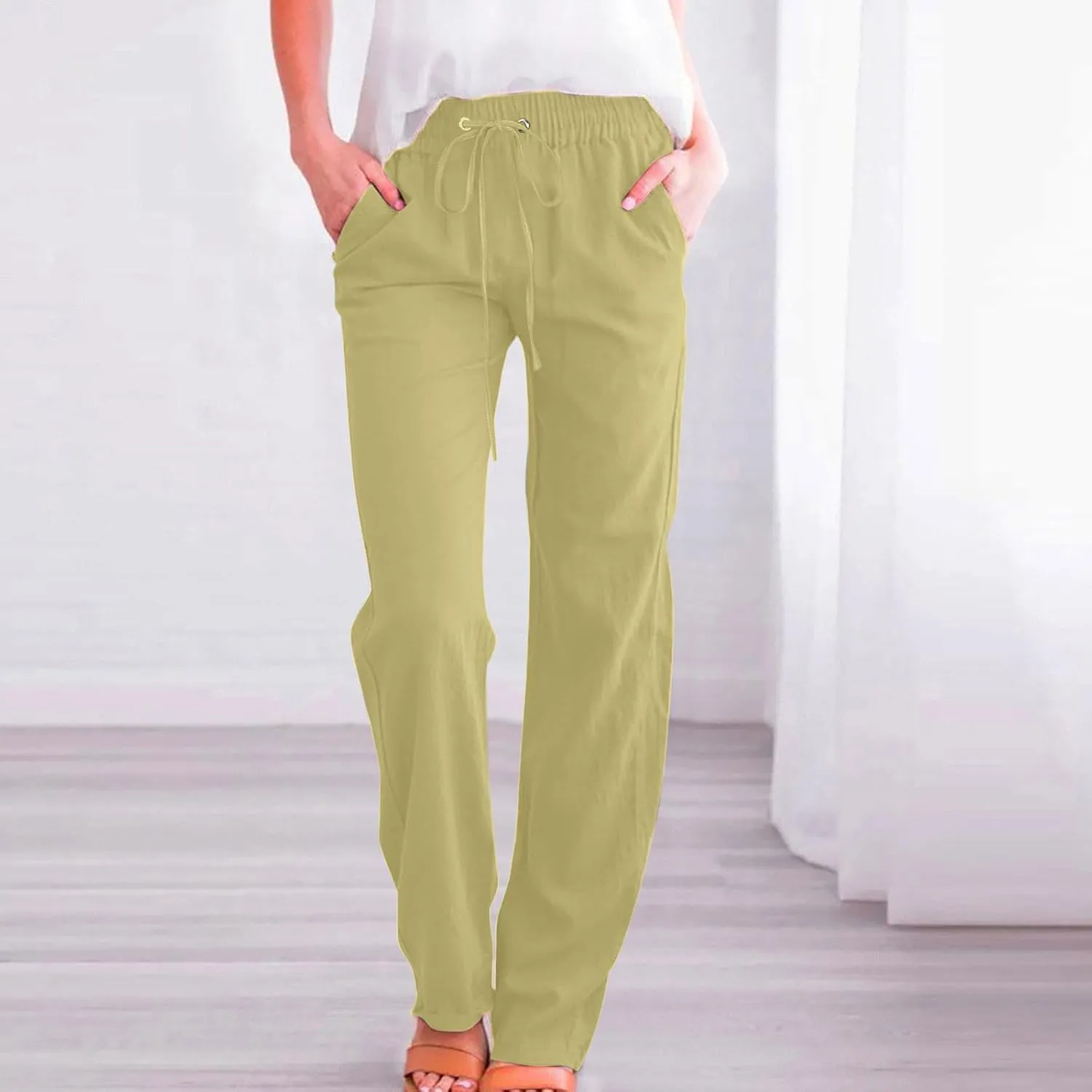 High Waist Linen Pants Women Casual Summer Drawstring Lightweight Relax Fit Straight Leg Lounge Trouser with Pockets