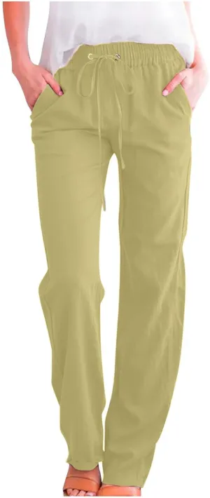 High Waist Linen Pants Women Casual Summer Drawstring Lightweight Relax Fit Straight Leg Lounge Trouser with Pockets