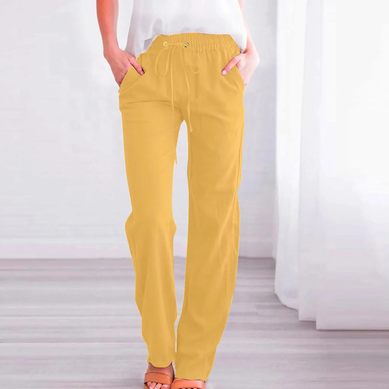 High Waist Linen Pants Women Casual Summer Drawstring Lightweight Relax Fit Straight Leg Lounge Trouser with Pockets