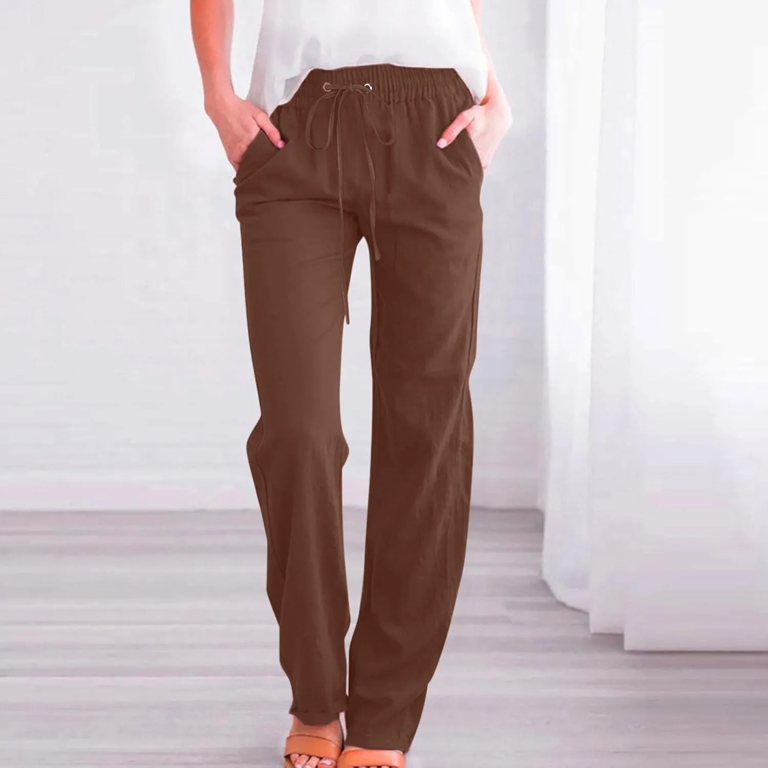 High Waist Linen Pants Women Casual Summer Drawstring Lightweight Relax Fit Straight Leg Lounge Trouser with Pockets