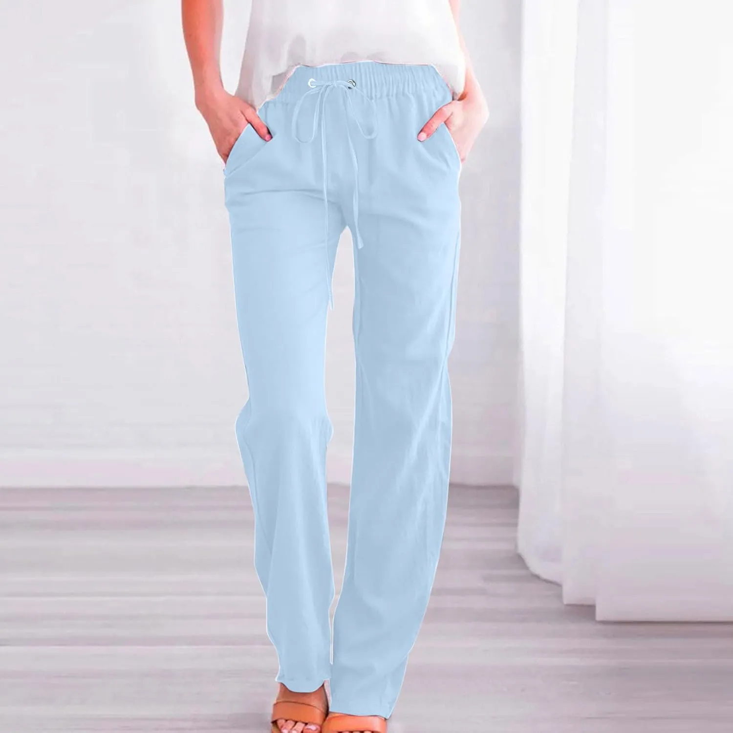 High Waist Linen Pants Women Casual Summer Drawstring Lightweight Relax Fit Straight Leg Lounge Trouser with Pockets