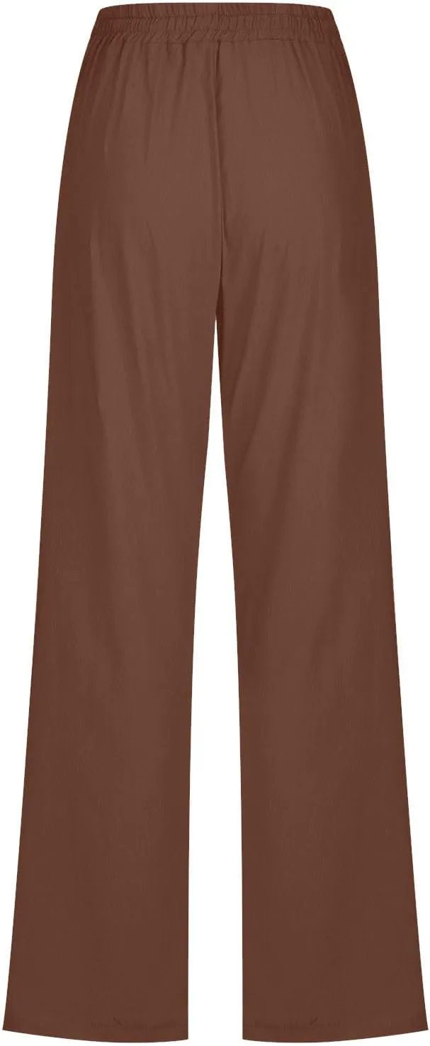 High Waist Linen Pants Women Casual Summer Drawstring Lightweight Relax Fit Straight Leg Lounge Trouser with Pockets