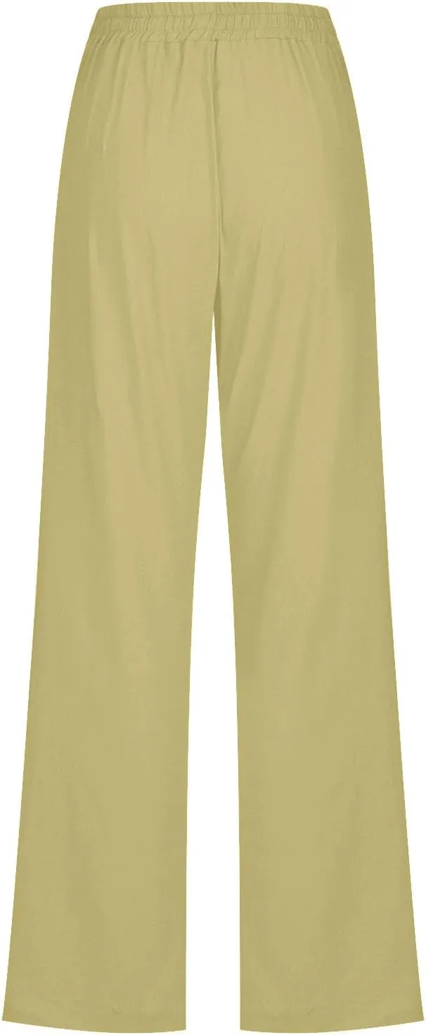 High Waist Linen Pants Women Casual Summer Drawstring Lightweight Relax Fit Straight Leg Lounge Trouser with Pockets