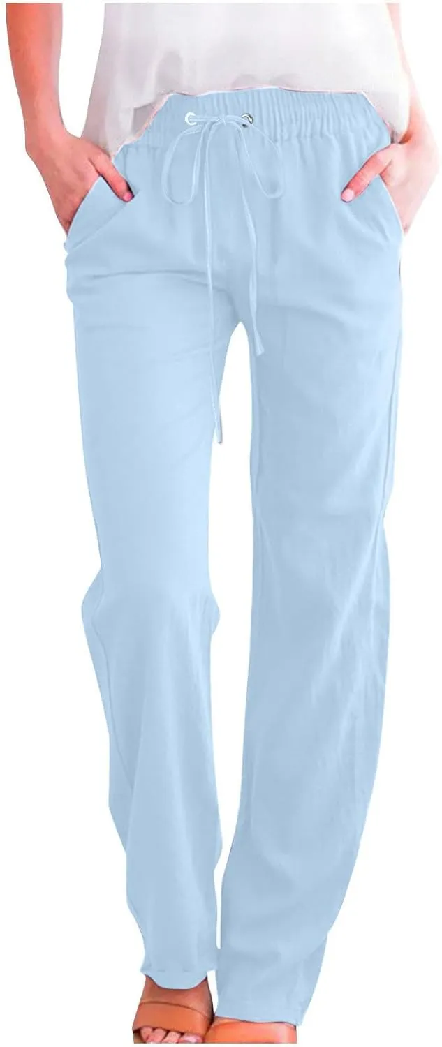 High Waist Linen Pants Women Casual Summer Drawstring Lightweight Relax Fit Straight Leg Lounge Trouser with Pockets