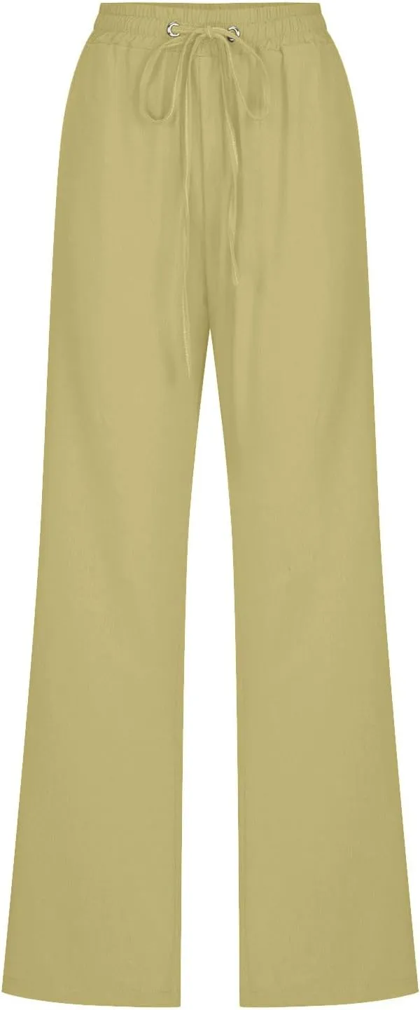 High Waist Linen Pants Women Casual Summer Drawstring Lightweight Relax Fit Straight Leg Lounge Trouser with Pockets