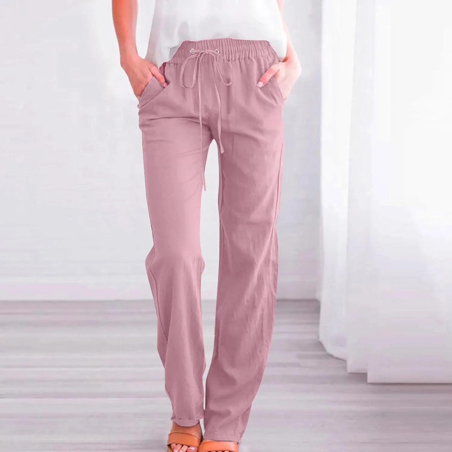 High Waist Linen Pants Women Casual Summer Drawstring Lightweight Relax Fit Straight Leg Lounge Trouser with Pockets