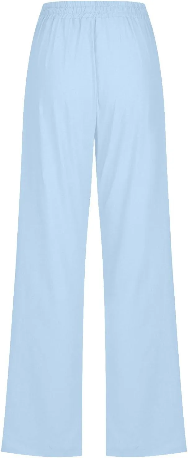 High Waist Linen Pants Women Casual Summer Drawstring Lightweight Relax Fit Straight Leg Lounge Trouser with Pockets