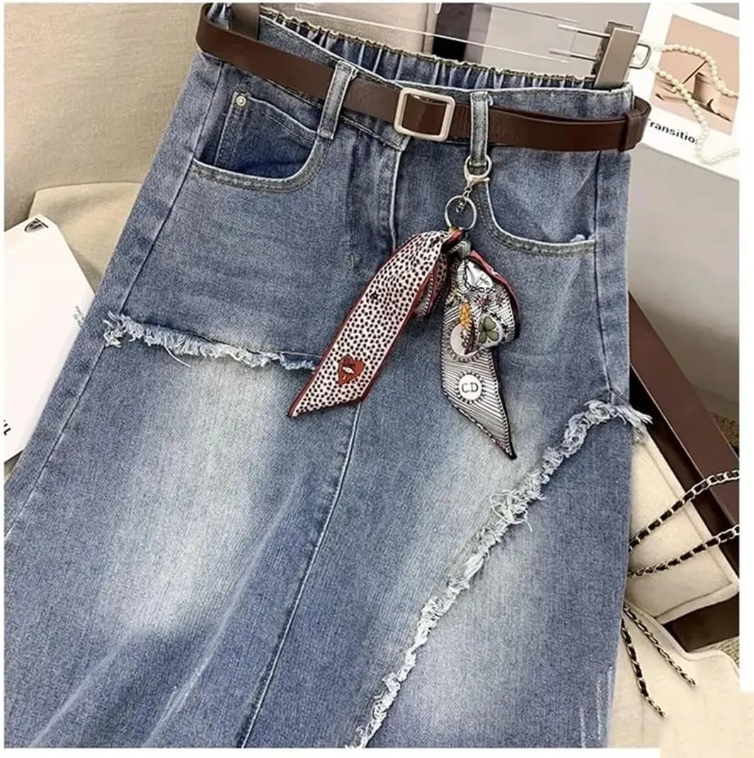 High Waisted Denim Skirt Women Slim Vintage Tassel Jeans A-Line Long Skirt Street Clothing