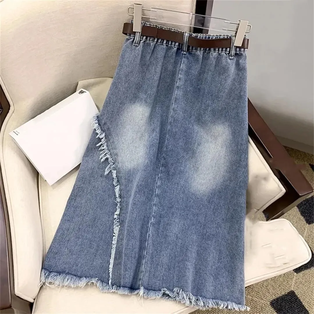 High Waisted Denim Skirt Women Slim Vintage Tassel Jeans A-Line Long Skirt Street Clothing