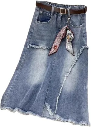 High Waisted Denim Skirt Women Slim Vintage Tassel Jeans A-Line Long Skirt Street Clothing