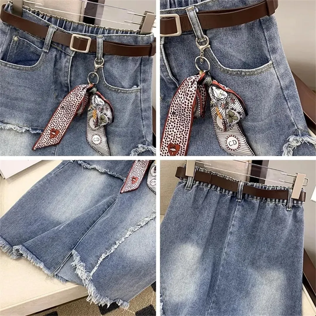 High Waisted Denim Skirt Women Slim Vintage Tassel Jeans A-Line Long Skirt Street Clothing