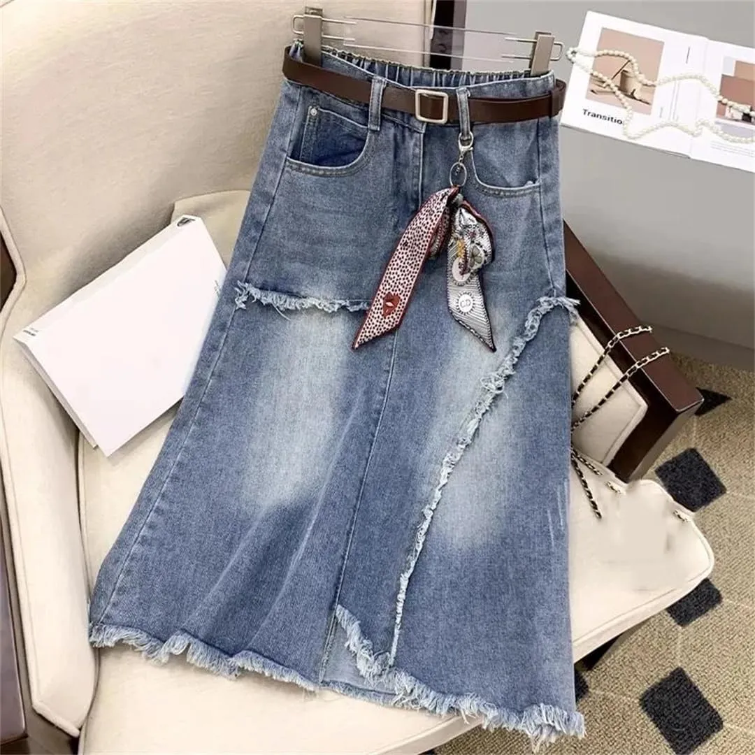 High Waisted Denim Skirt Women Slim Vintage Tassel Jeans A-Line Long Skirt Street Clothing