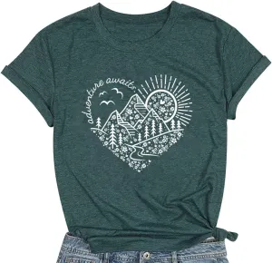Hiking Shirt for Women Mountain Adventure Camping T Shirt Nature Sunrise Graphic Casual Outdoor Vacation Tees Tops