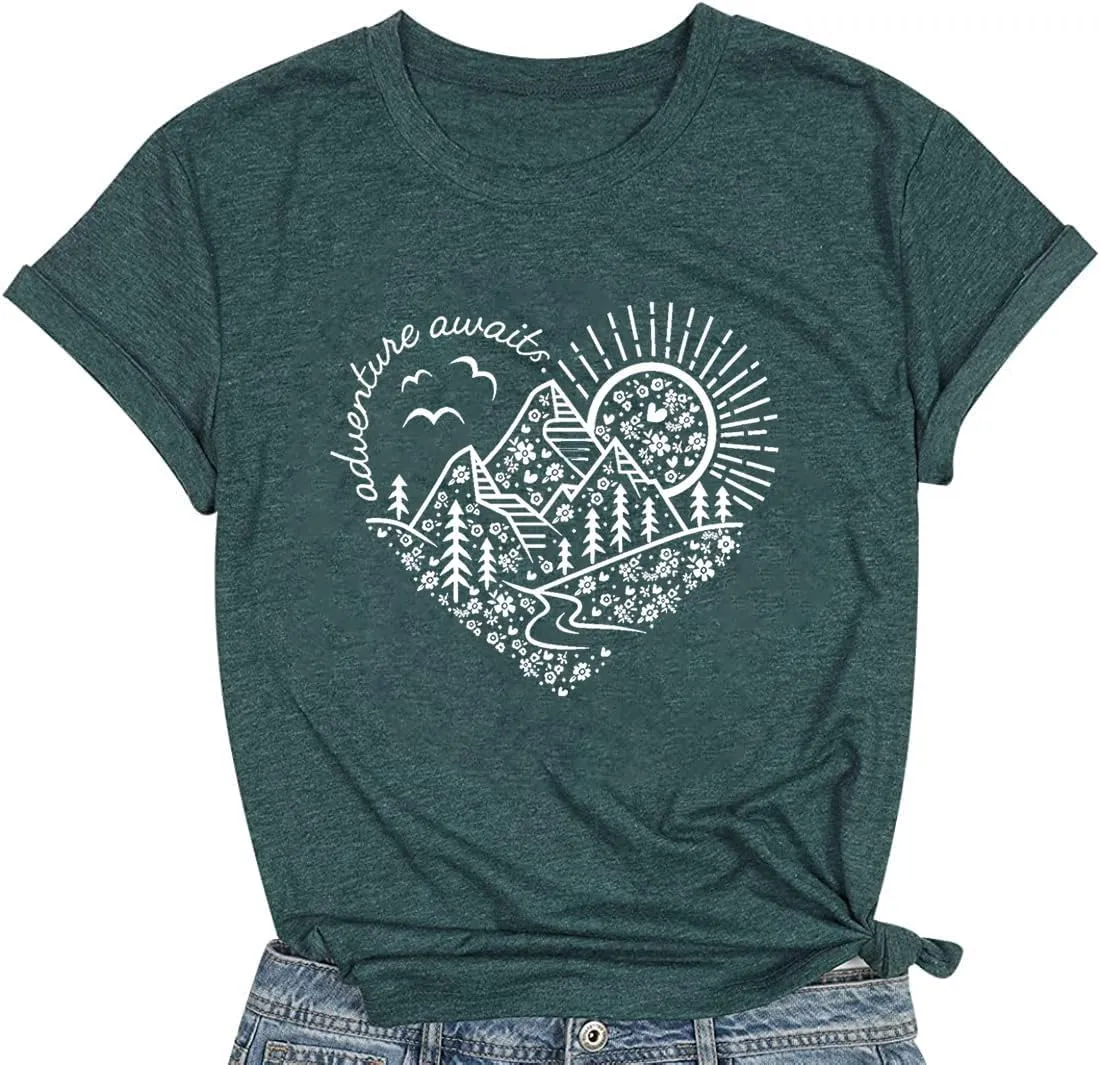 Hiking Shirt for Women Mountain Adventure Camping T Shirt Nature Sunrise Graphic Casual Outdoor Vacation Tees Tops