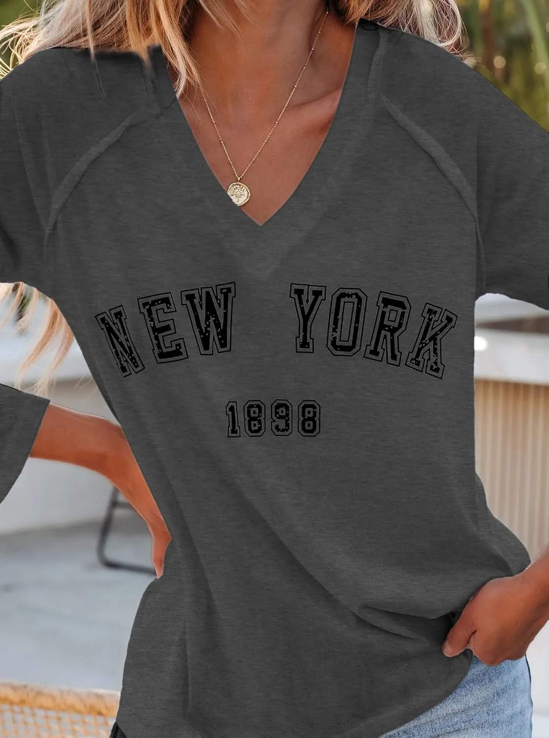Hilinker Women's Long Sleeve Tops Graphic Tee Casual Loose V Neck T Shirts