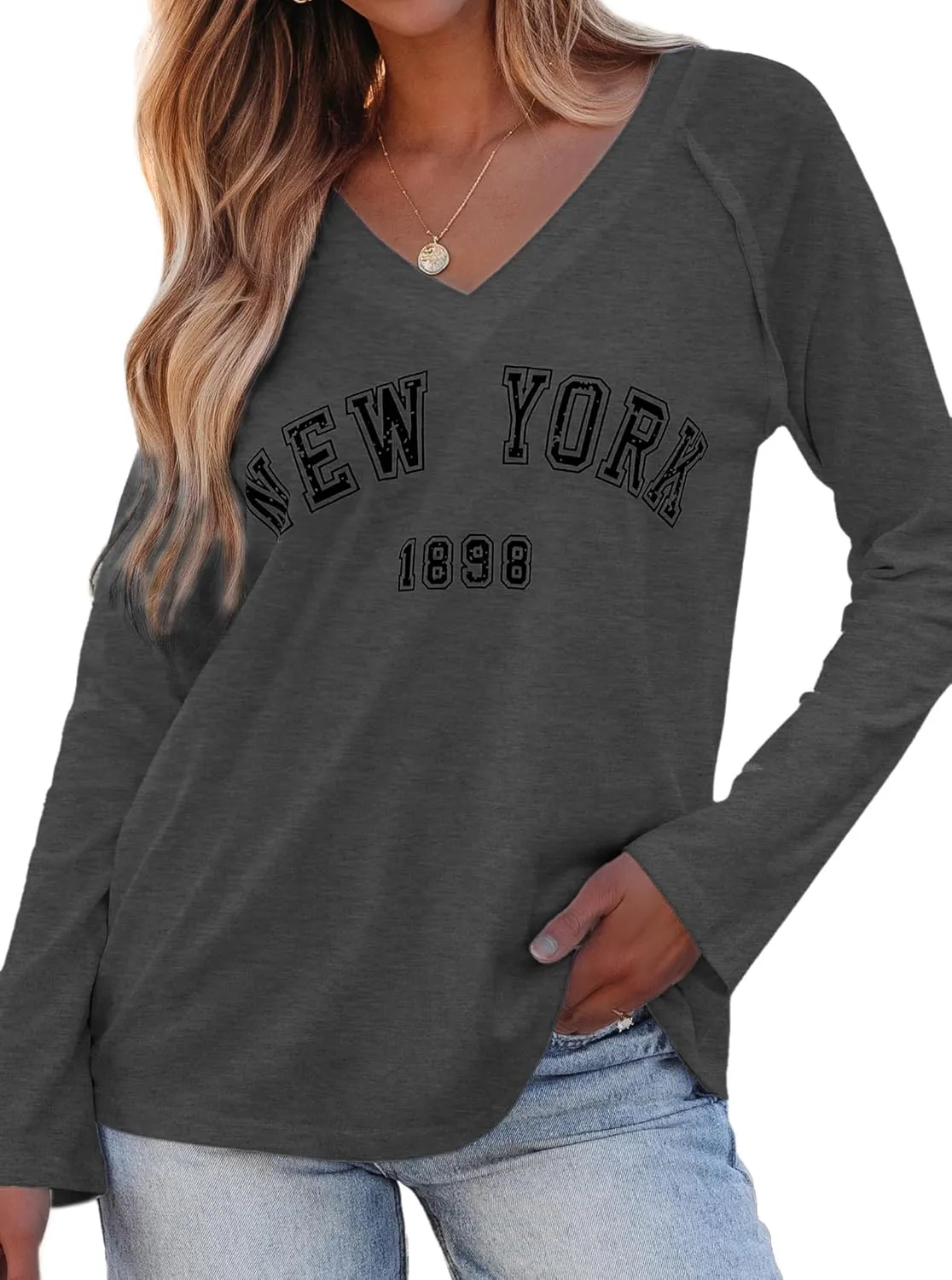 Hilinker Women's Long Sleeve Tops Graphic Tee Casual Loose V Neck T Shirts
