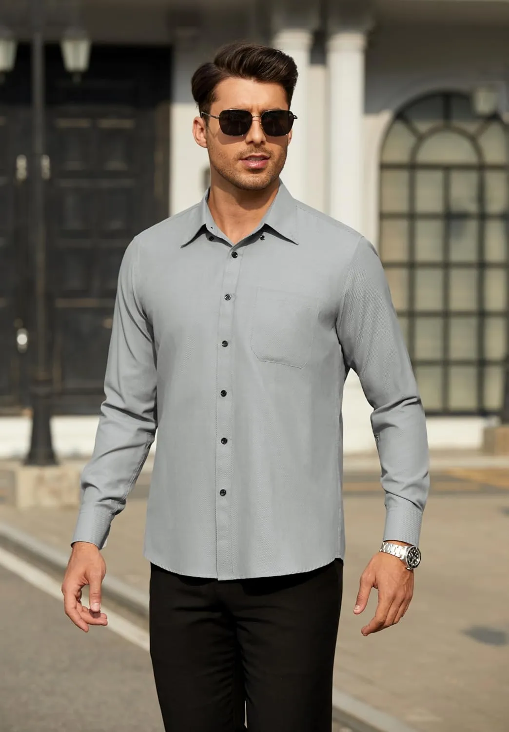 HISDERN Mens Stripe Dress Shirts Long Sleeve Button Down Shirt Formal Wrinkle Free Dress Shirts Business Cotton Shirt