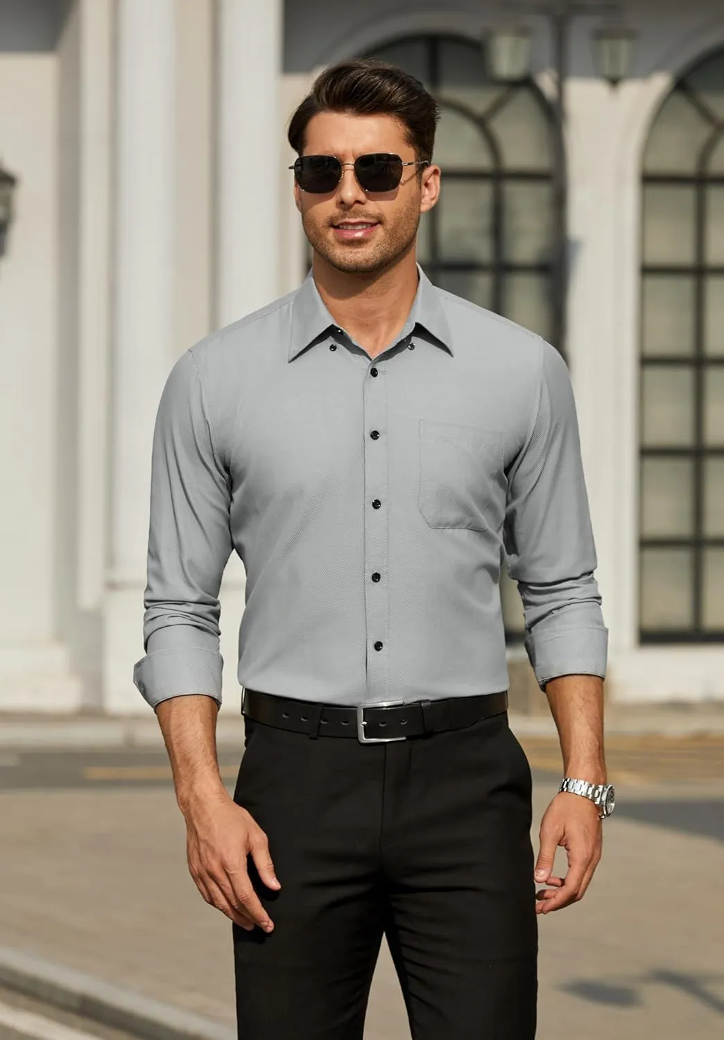 HISDERN Mens Stripe Dress Shirts Long Sleeve Button Down Shirt Formal Wrinkle Free Dress Shirts Business Cotton Shirt