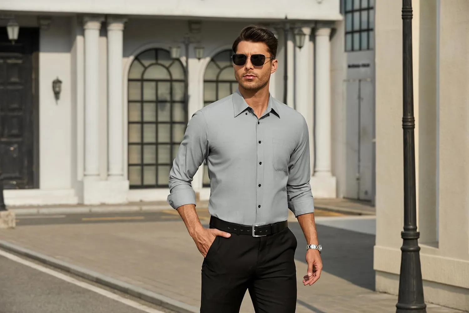 HISDERN Mens Stripe Dress Shirts Long Sleeve Button Down Shirt Formal Wrinkle Free Dress Shirts Business Cotton Shirt