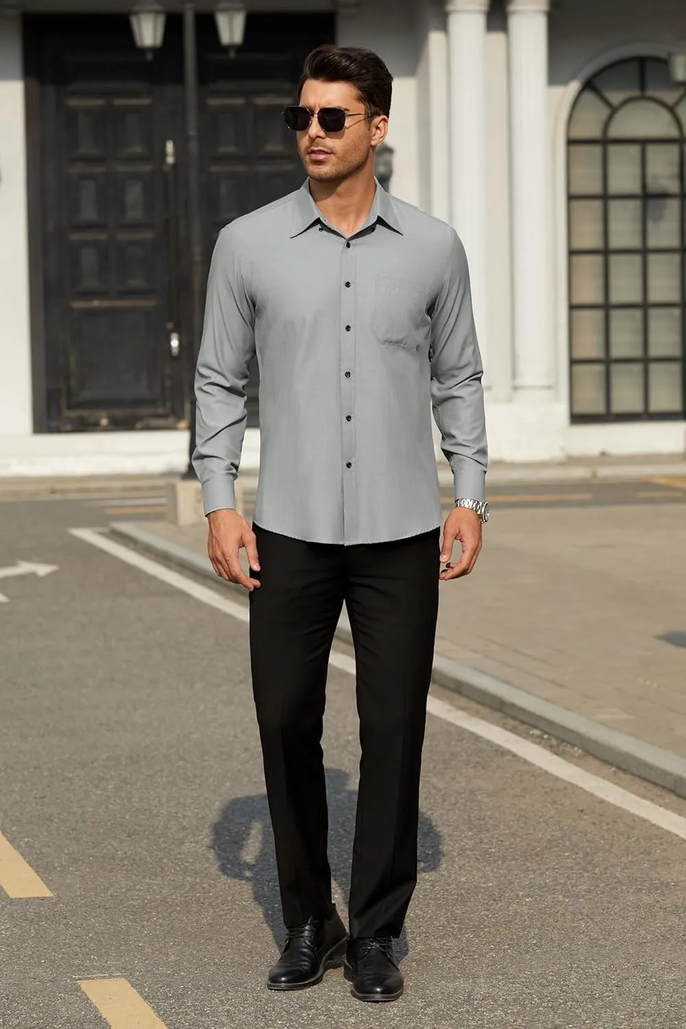 HISDERN Mens Stripe Dress Shirts Long Sleeve Button Down Shirt Formal Wrinkle Free Dress Shirts Business Cotton Shirt