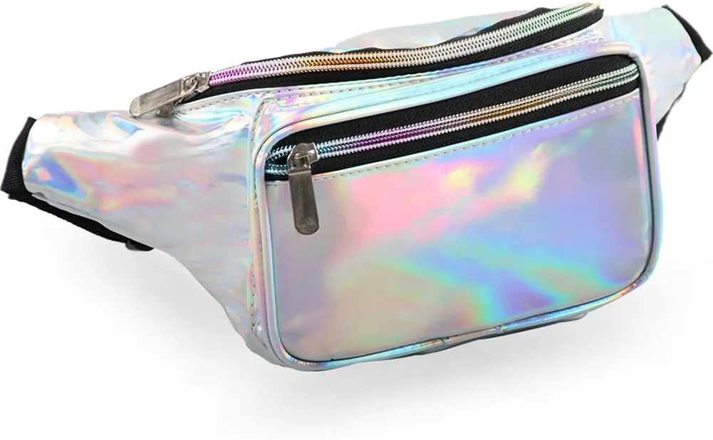 Holographic Fanny Pack for Women Men, Water Resistant Crossbody Waist Bag Pack with Multi-Pockets Adjustable Belts