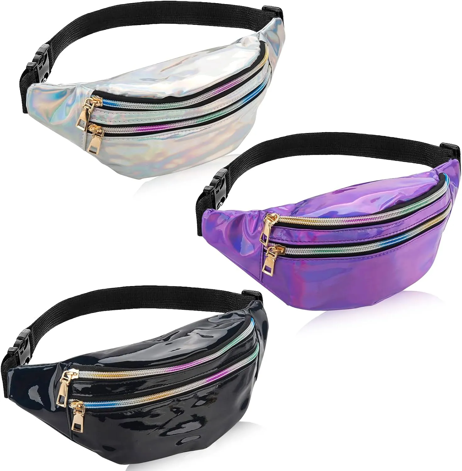 Holographic Fanny Packs for Women Men Kids, 3 Pieces Fashion Waist Bag with Adjustable Belt Vintage Style Waist Bag PU Leather Fanny Packs