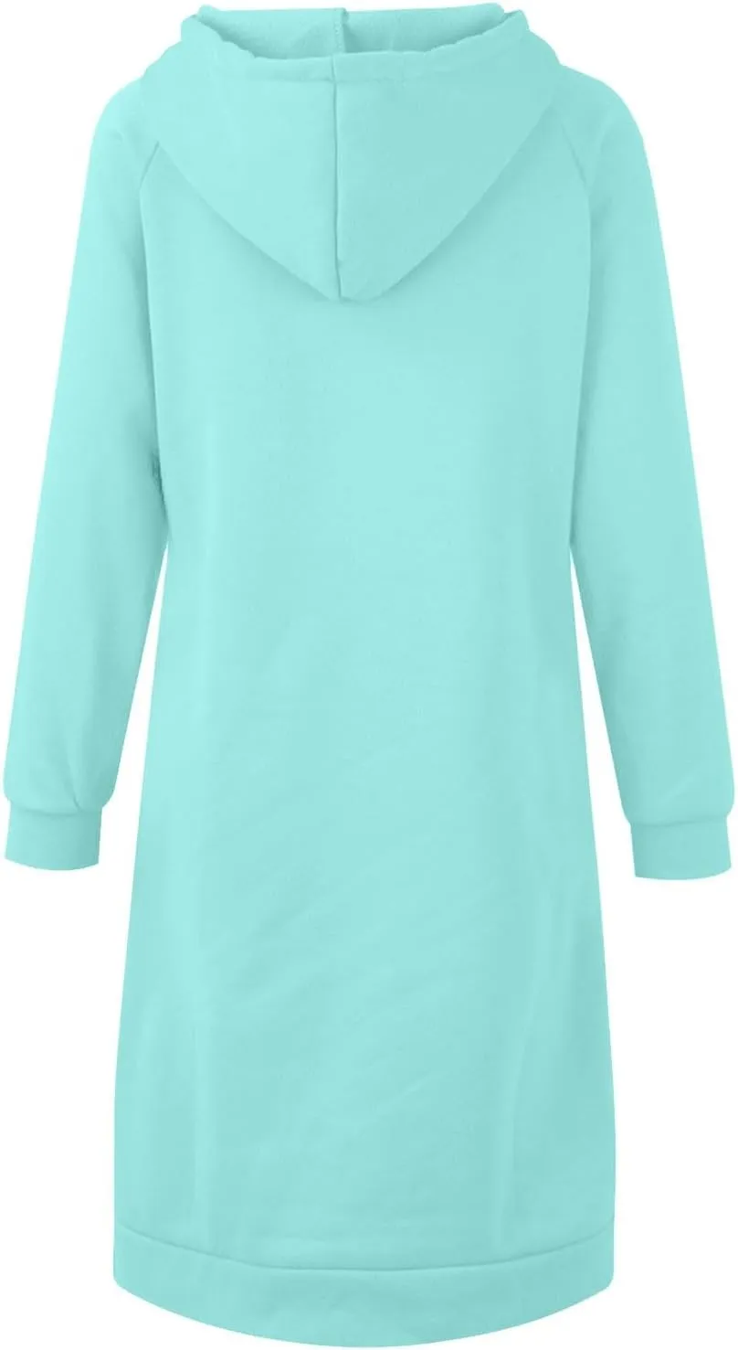 Hoodie Dress for Women Long Sleeve Warmy Oversized Hooded Dress Fleece Solid Color Long Sweatshirt with Pocket